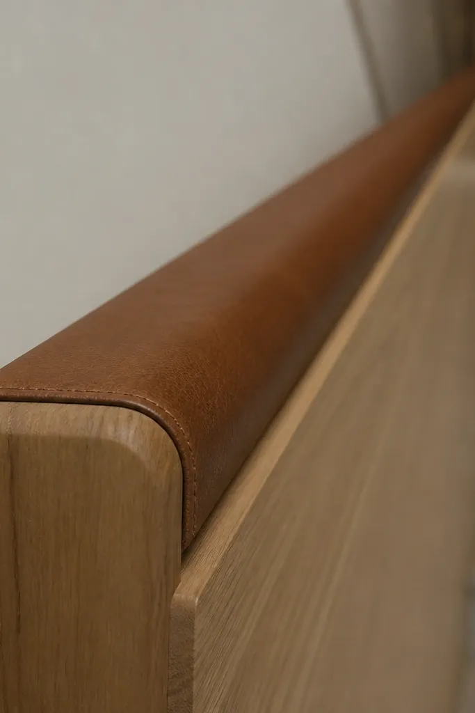 Wood handrail with a narrow leather wrap accent