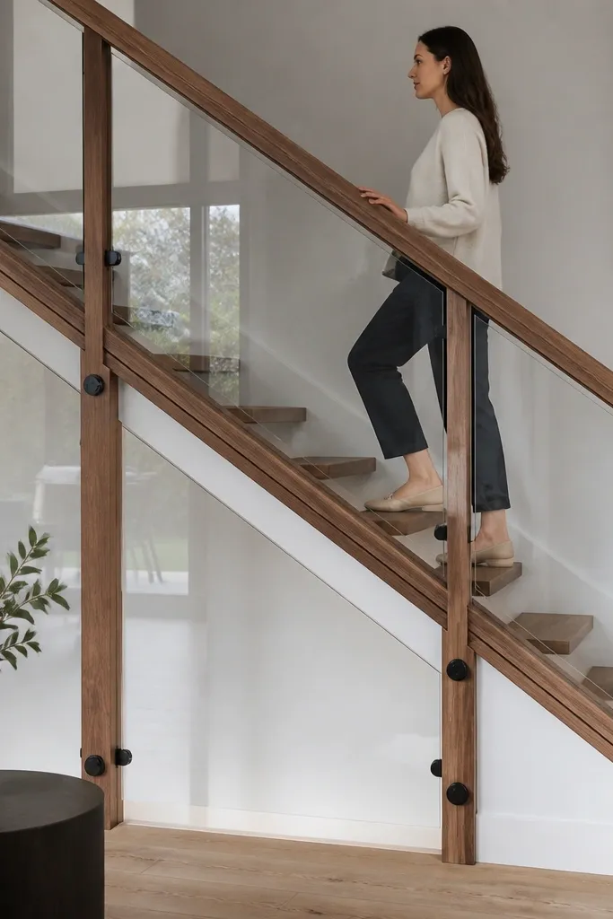 Clear glass panels in a railing framed by warm wood