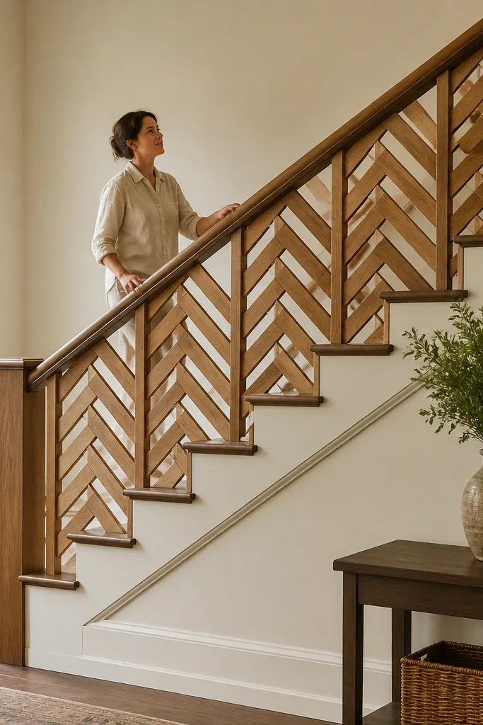 Herringbone patterned wood balusters with a continuous wood handrail