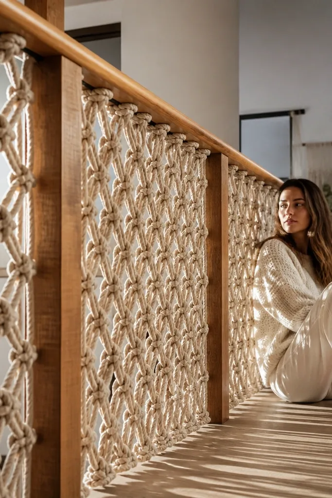 Macramé rope panel filling spaces between stair posts