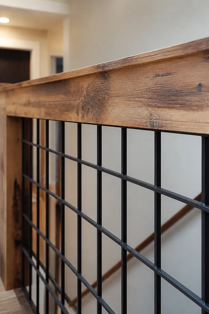 Reclaimed wood handrail with slim metal rods as balusters