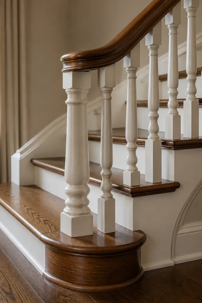 Rounded warm wood bottom rail with painted balusters below a handrail