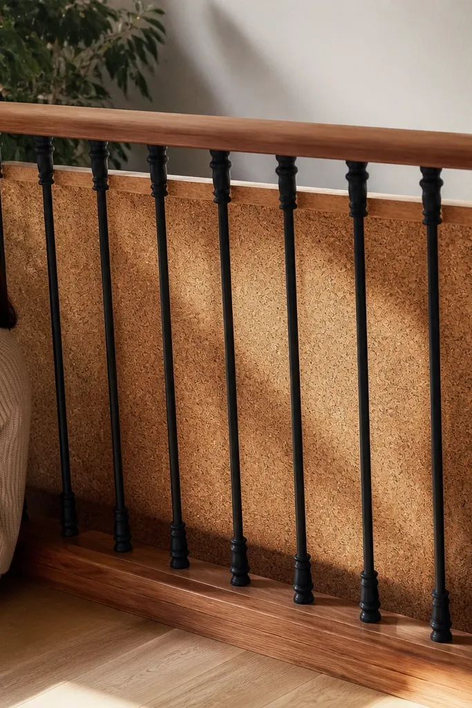 Warm cork panel behind stair balusters with a simple wood handrail