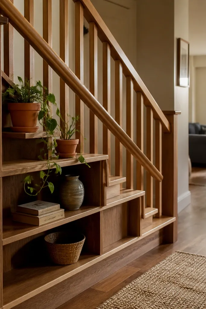 Stair railing with a small built-in shelf holding plants