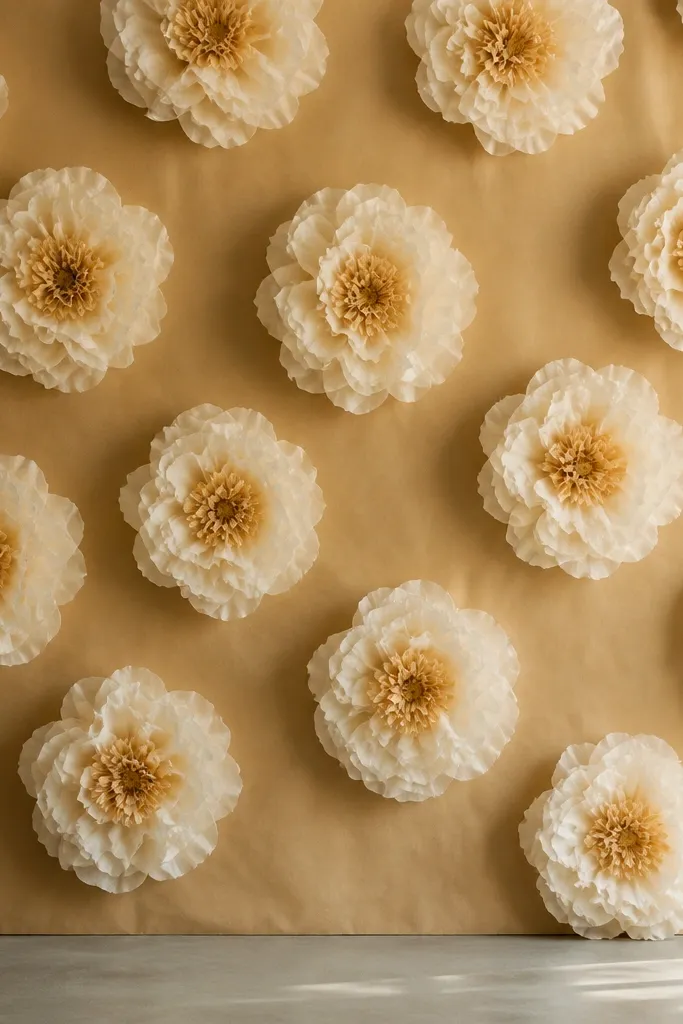A full wall backdrop covered in kraft paper tones, with large cream tissue paper flowers spaced evenly. Each flower has a warm golden center made from layered tissue frills, and the petals show soft shadowing from side lighting.