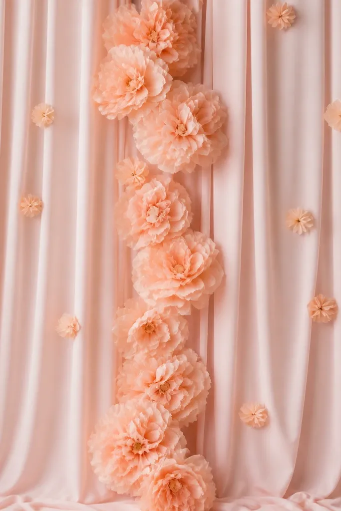 A backdrop with blush fabric draped vertically in soft folds. Peach tissue flowers hang in a cascading line from top to bottom, with a few smaller blooms scattered along the curtain edges.