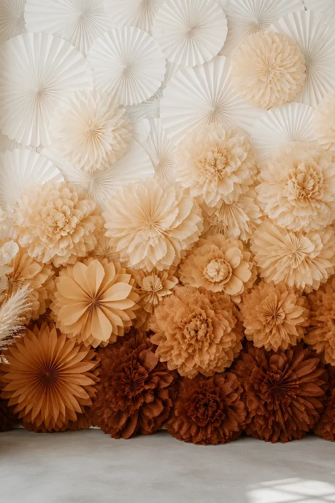 A layered fan backdrop in warm white paper, with caramel-toned tissue paper flowers arranged like an ombré gradient from light caramel at the top to deeper caramel at the bottom.