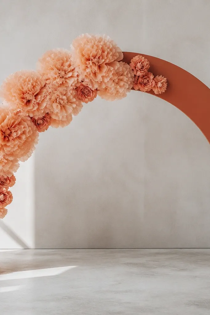 A half-moon arch made from terracotta cardboard or foam board. Apricot tissue flowers cluster along the arch curve, with a few smaller blooms near the ends.