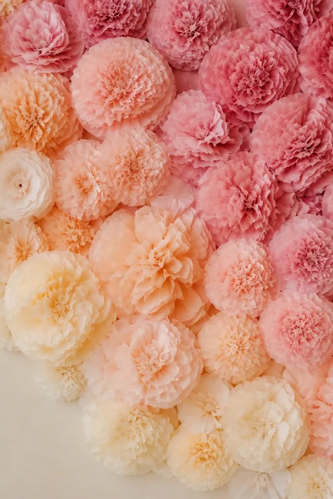 A backdrop with a cream base and tissue flowers in peach and dusty pink arranged in a sunset pattern. The flowers overlap slightly, with darker pink in the upper right and lighter peach toward the bottom left.