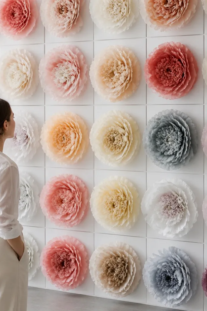 Large 3D tissue flowers mounted on a white foam board grid. Each bloom has thick, layered petals and rounded centers, with consistent spacing like a photo wall installation.