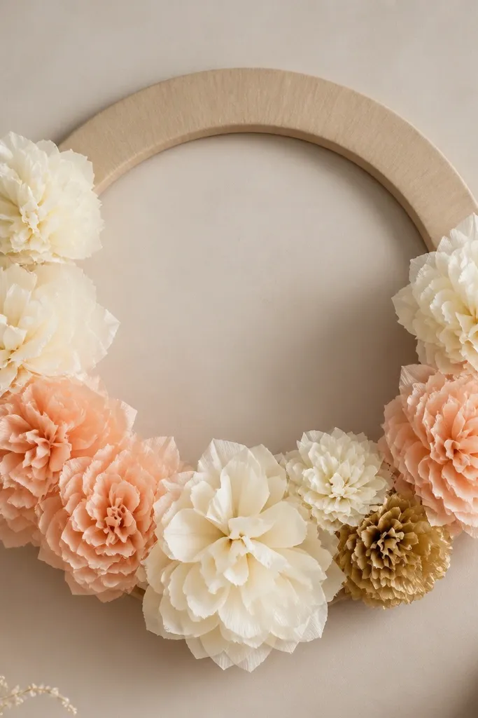 A circular frame made from cardboard covered in warm neutral paper, with tissue flowers arranged like a wreath. The flowers show layered petals in cream, peach, and one small gold accent bloom.