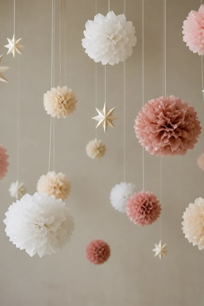 Small clusters of tissue flowers suspended from a ceiling, with warm white tissue star accents. The clusters hang at different heights, creating a floating backdrop effect.