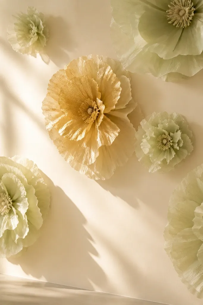 A cream backdrop wall with tissue flowers in pale matcha and one gold-tinted center. The blooms have airy petals and a light, warm glow effect from side lighting.