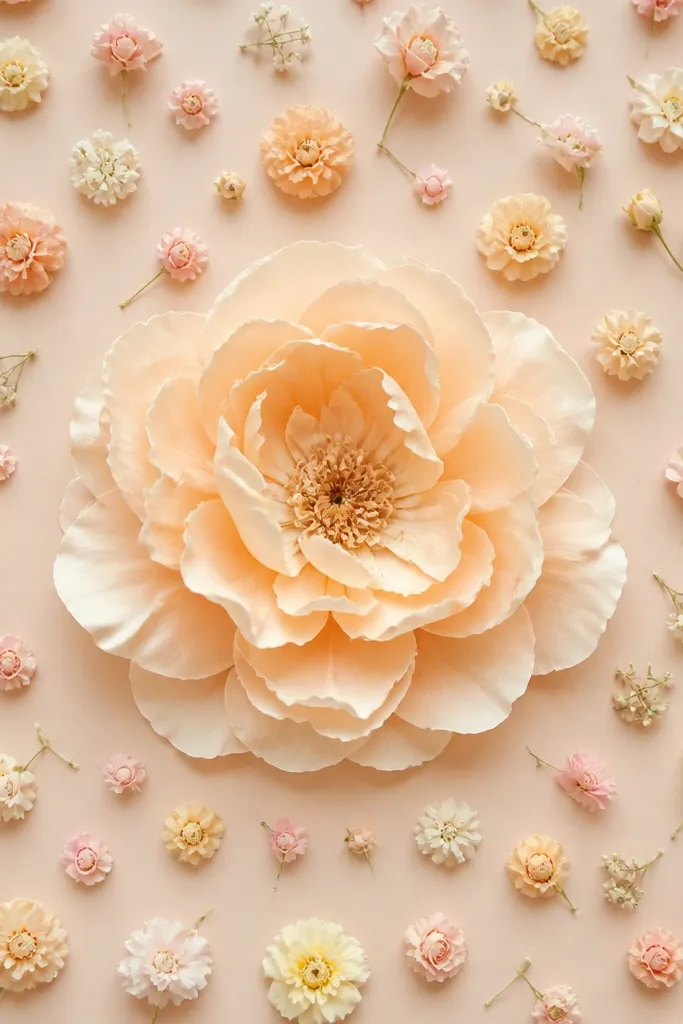 A pastel backdrop with many small micro tissue flowers scattered evenly, plus one oversized bloom at the center. Colors include butter cream, soft peach, and pale pink.