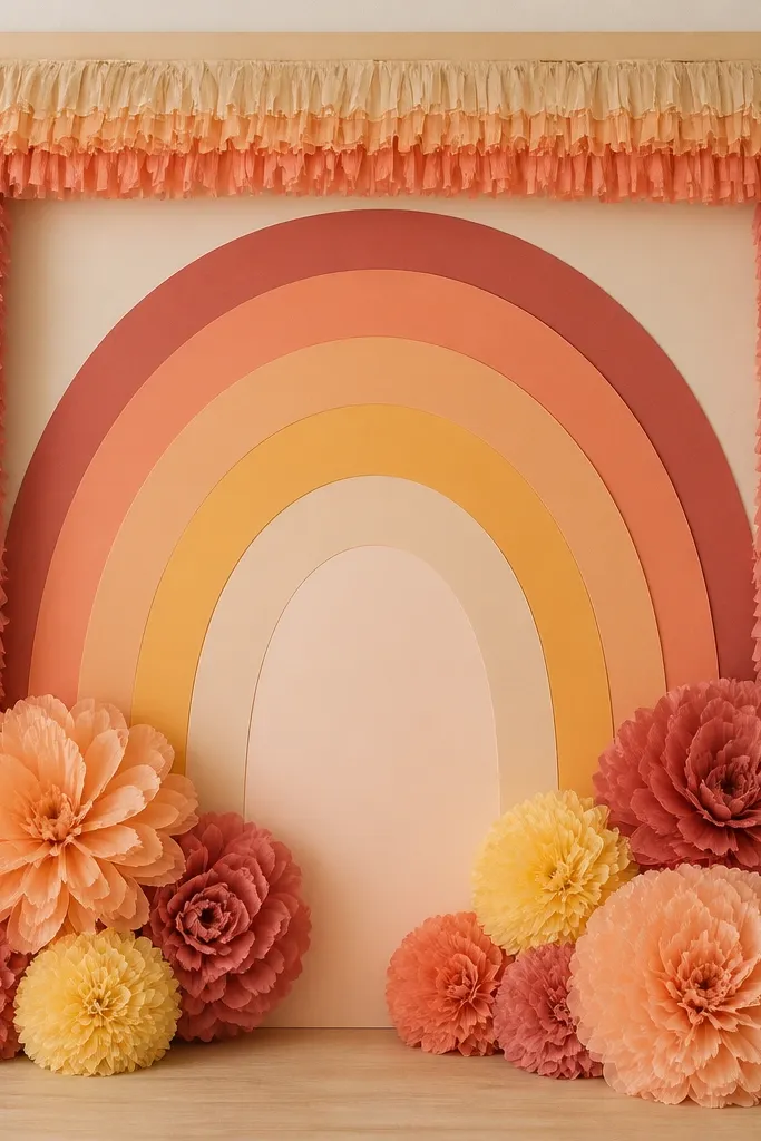 A warm-tone rainbow backdrop with tissue flowers in peach, coral, warm yellow, and muted rose. Flowers sit inside a soft border made from tissue fringe and a neutral frame.