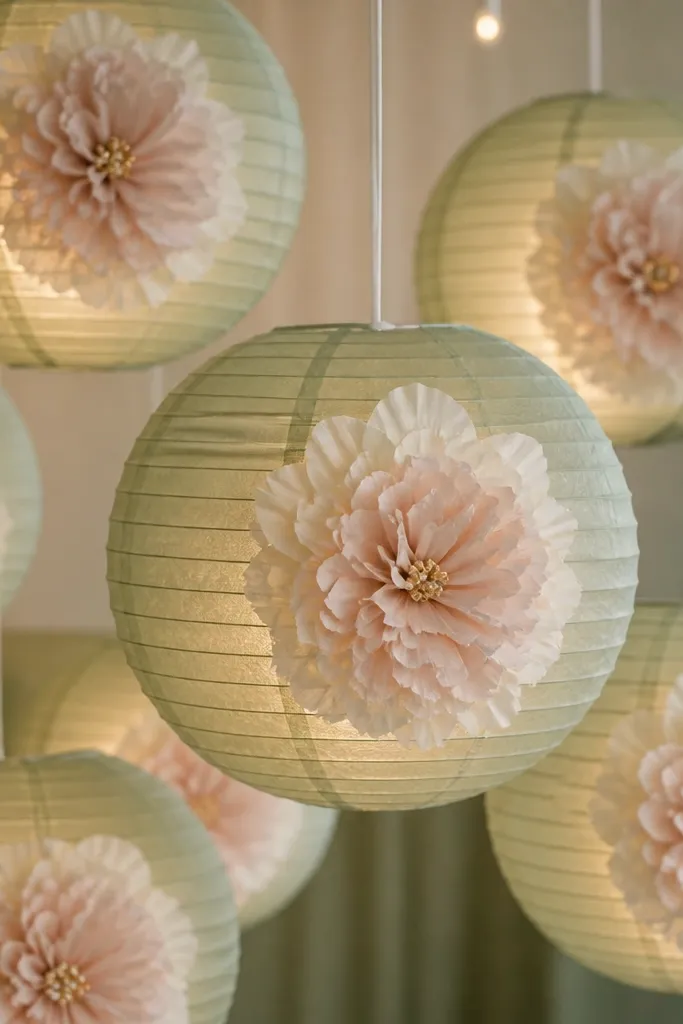 A cozy sage-green tissue paper lantern backdrop. Several lanterns hang in staggered rows, each with a warm white glow from inside. In the center of each lantern, a large handmade tissue peony medallion sits like a bloom badge, with layered petals in cream and pale blush and a few gold center dots.