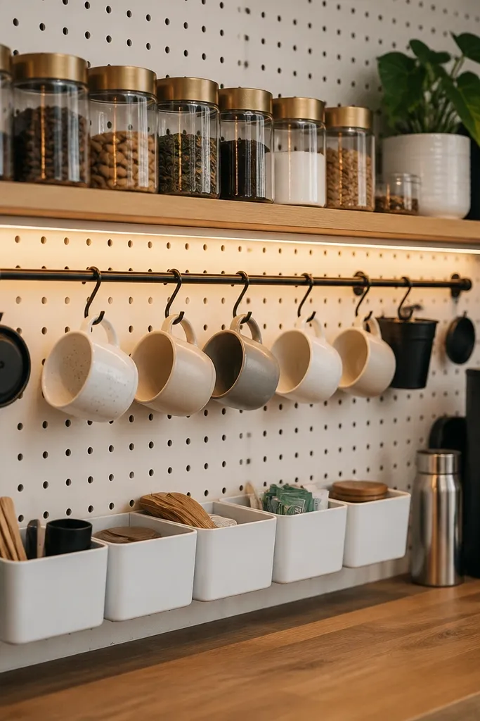 Light wood pegboard with small shelves, jars, and hooks holding coffee station items