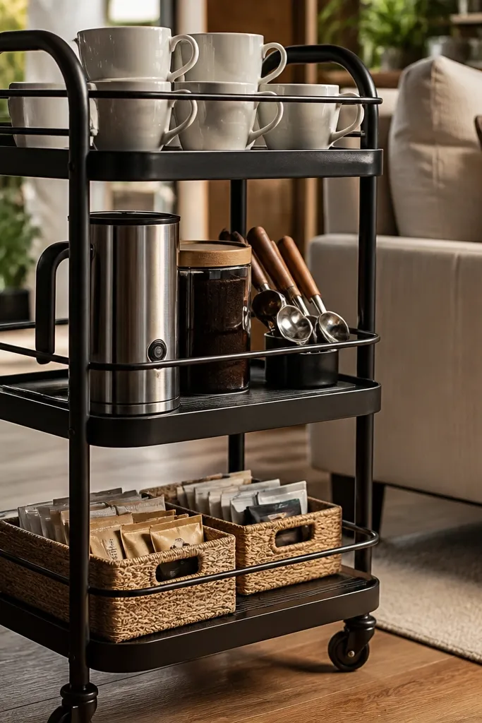 White rolling cart with tiered shelves holding coffee, cups, and small baskets