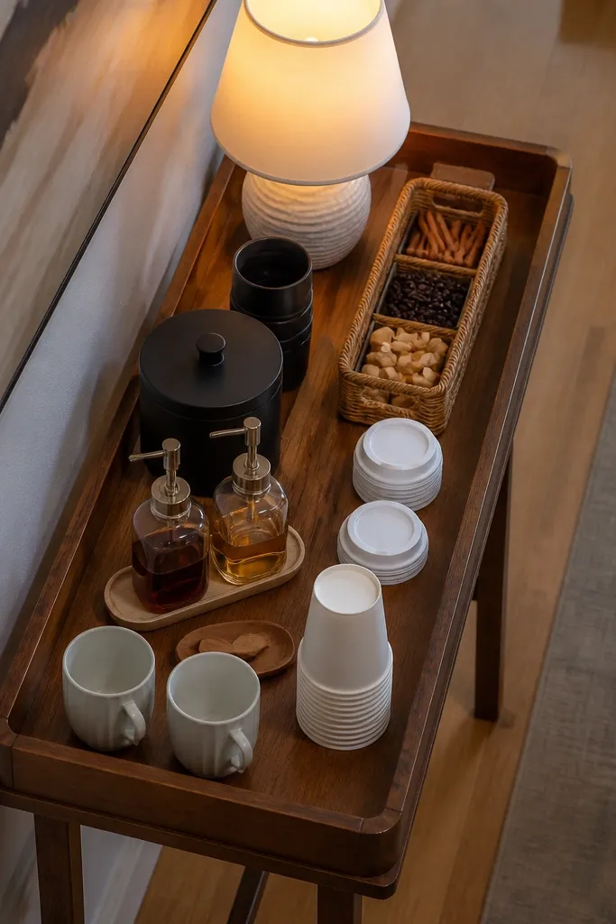 Wood tray on table with mugs, coffee jars, and a small chalkboard sign
