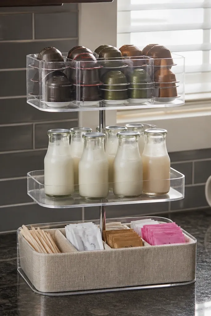 White tiered stand holding coffee pods, creamer, and small bowls of sweeteners