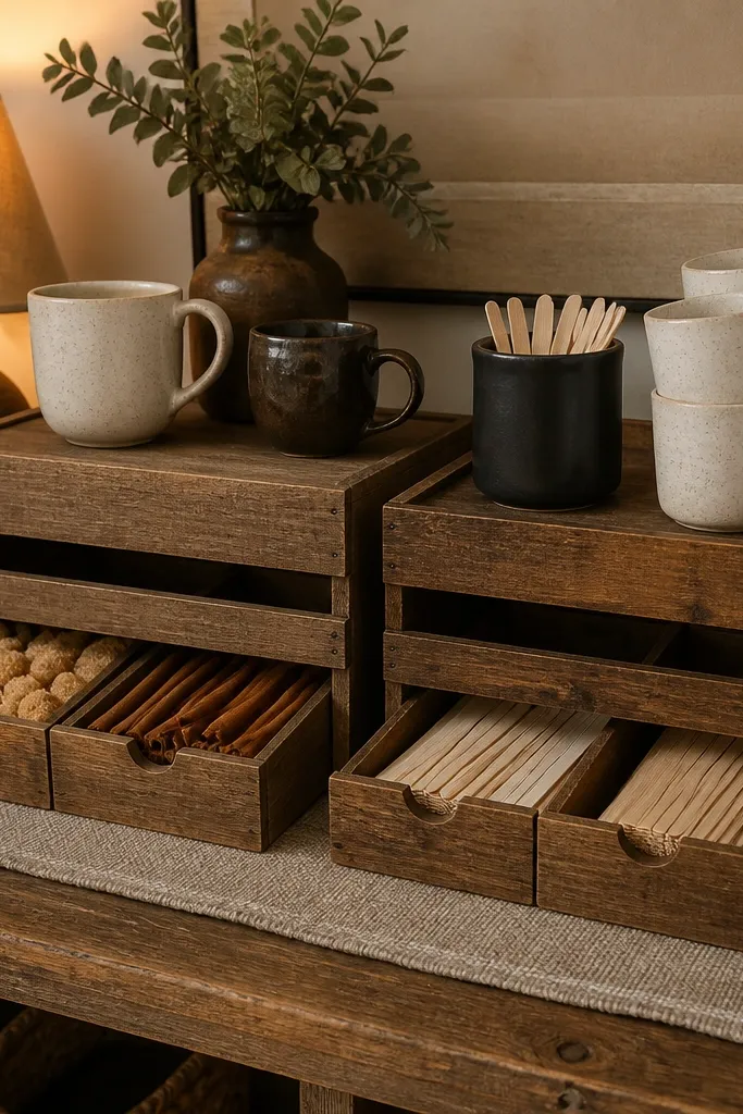 Wood crate turned into coffee station with pull-out bins and labeled jars