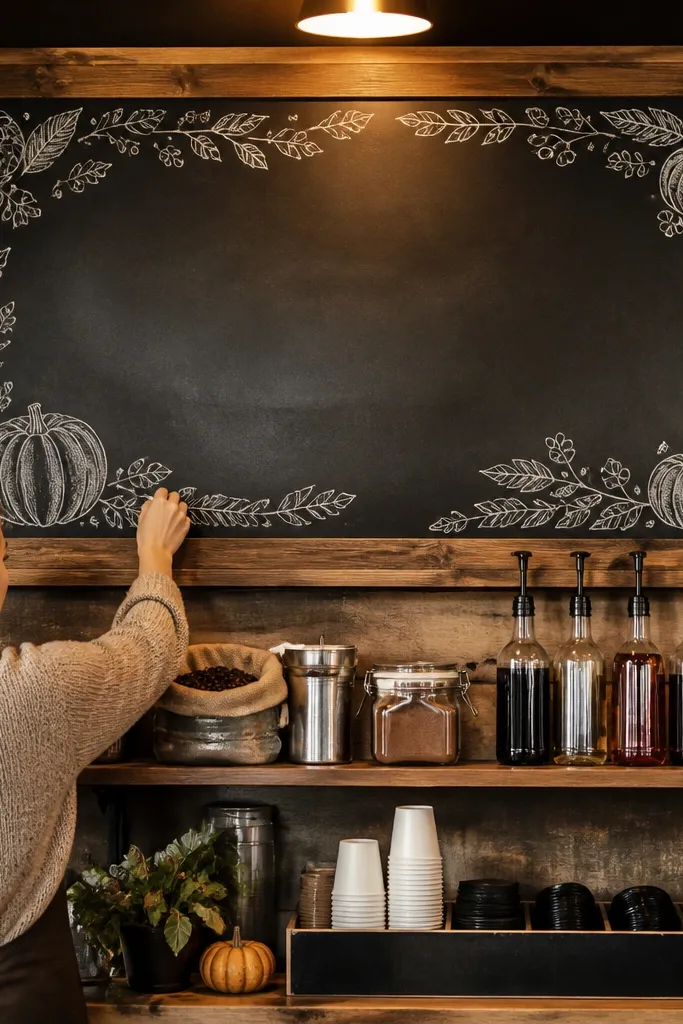 Small wall shelf with jars and a blackboard sign above a tray of mugs