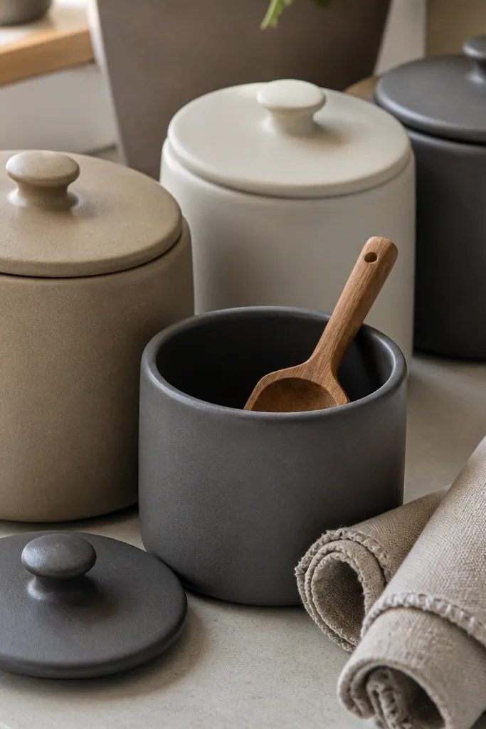 Matte ceramic canisters on a tray with a folded linen napkin roll and mugs