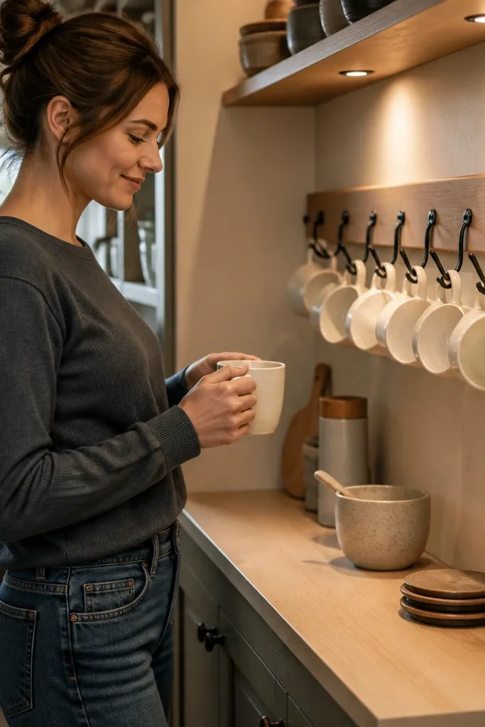 Wall rail with mug hooks and a small cup holding coffee scoops