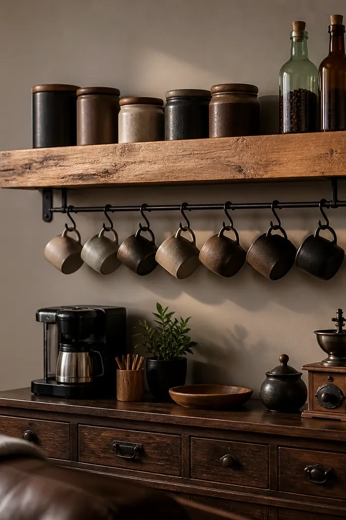 Wide shelf on wall with coffee jars, mugs on hooks, and a small tray below