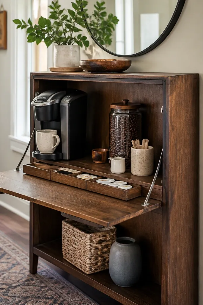 Narrow console with a fold-down panel holding coffee tools and jars when open