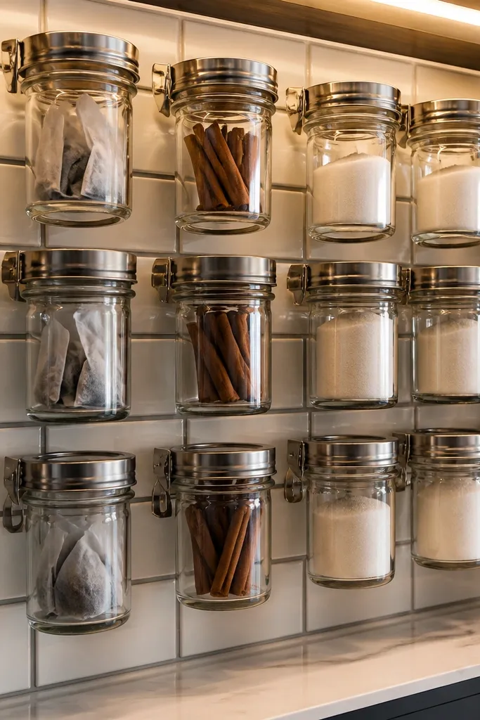 Wall grid with glass jars labeled for coffee flavors, cocoa, and sweeteners
