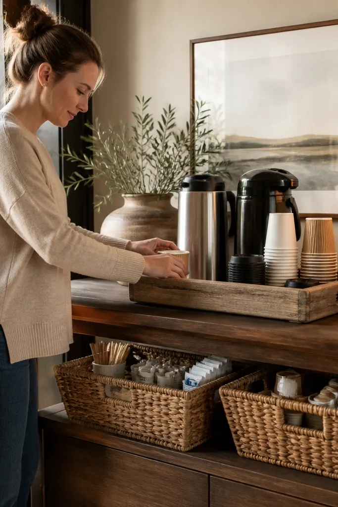 Woven baskets stacked with a tray holding mugs, sugar, and stir sticks