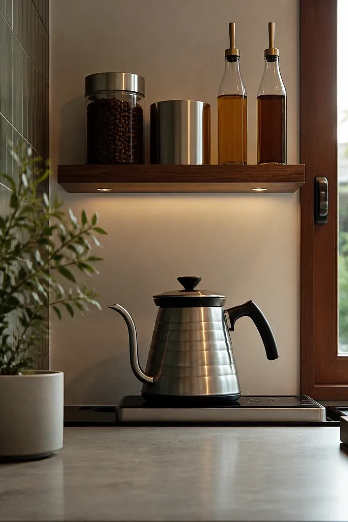 Small shelf mounted above stove with coffee jars and a kettle-safe tray below