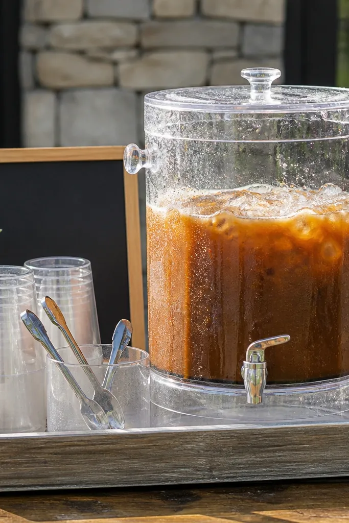 Clear acrylic dispenser with iced coffee and labels next to a mug station