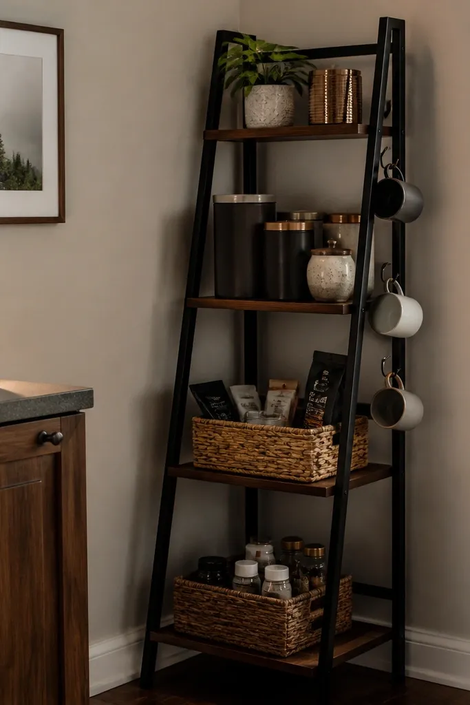 Floor ladder shelf in a corner with jars, mugs on hooks, and a small runner