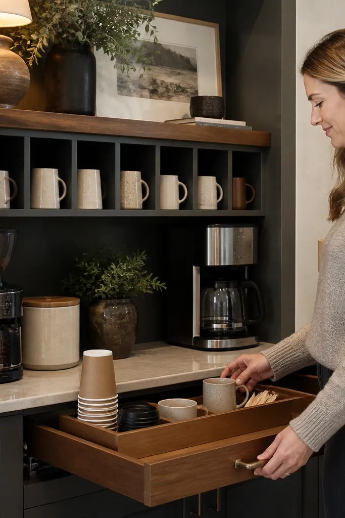 Wood shelf with a wine rack holding mugs and a pull-out coffee tray