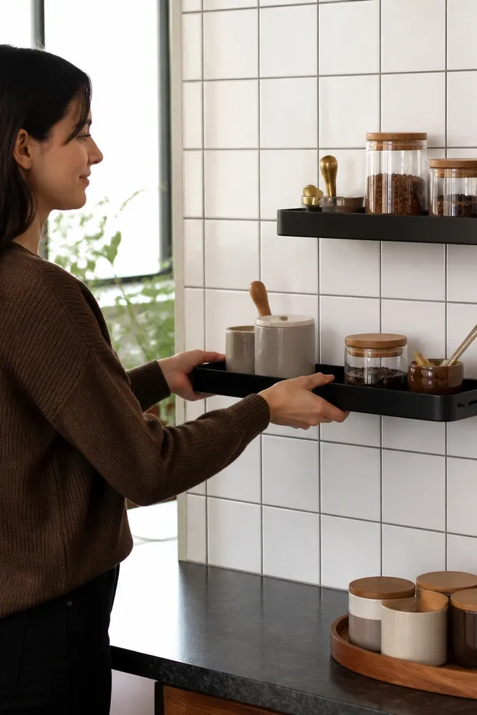 Small tile backsplash section with removable trays for coffee supplies