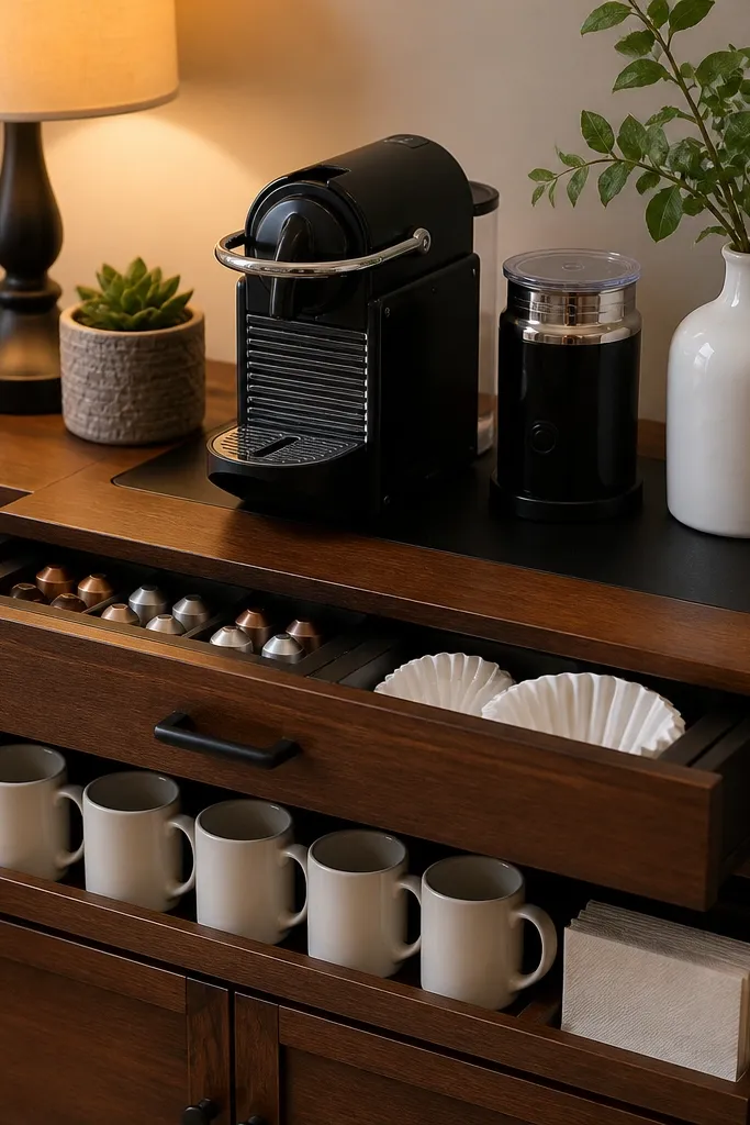 Small countertop cabinet with a sliding drawer insert and front rail for napkins