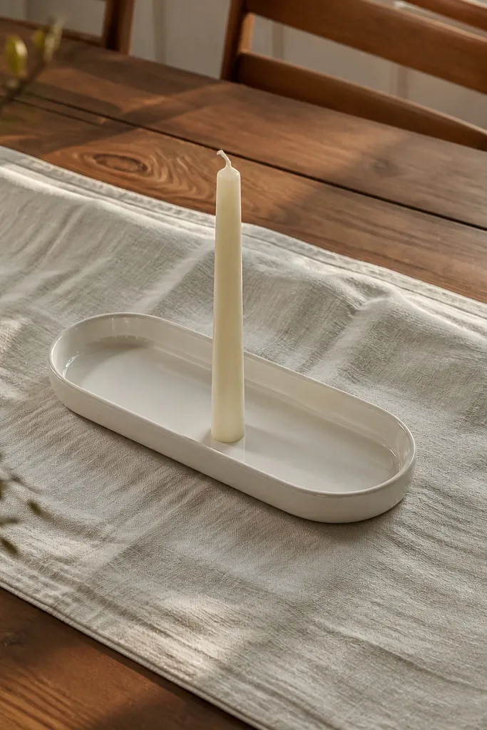 Neutral linen runner with a ceramic tray and a single tall candle in the center