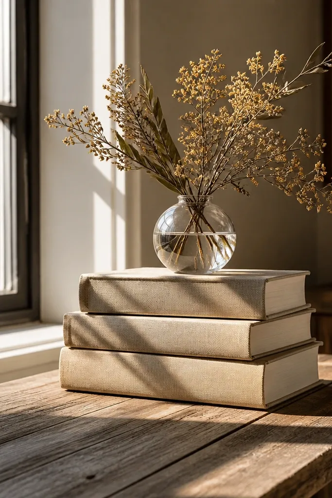 Stack of hardcover books with a small bud vase holding dried stems