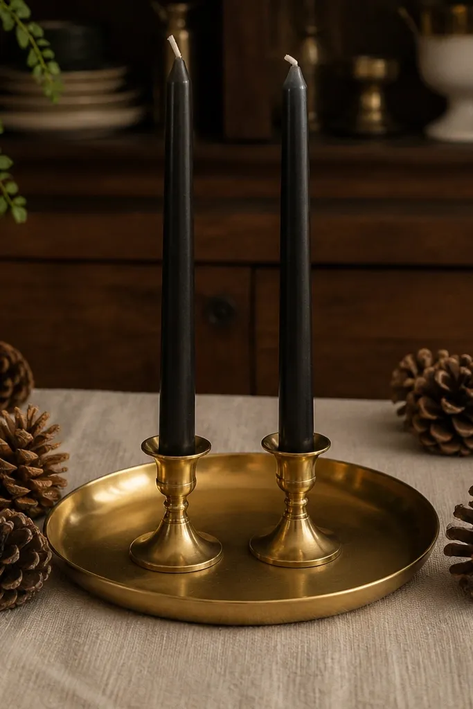 Brass tray holding two black taper candles and a few pinecones