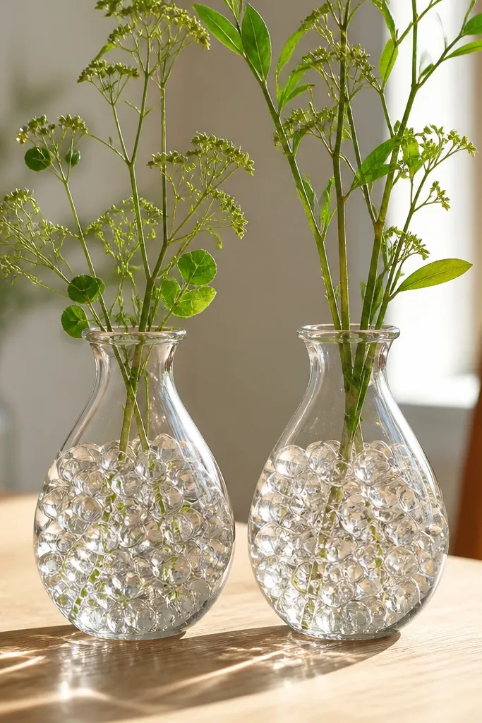 Small clear bud vases with water beads and a few stems