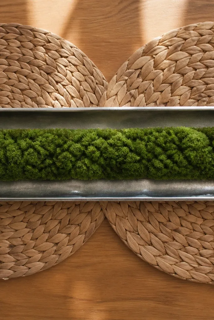 Woven placemats with a tray holding a long strip of faux moss