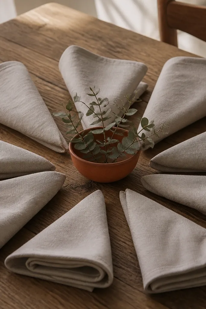 Folded monochrome napkins with a small centerpiece in warm spice tones