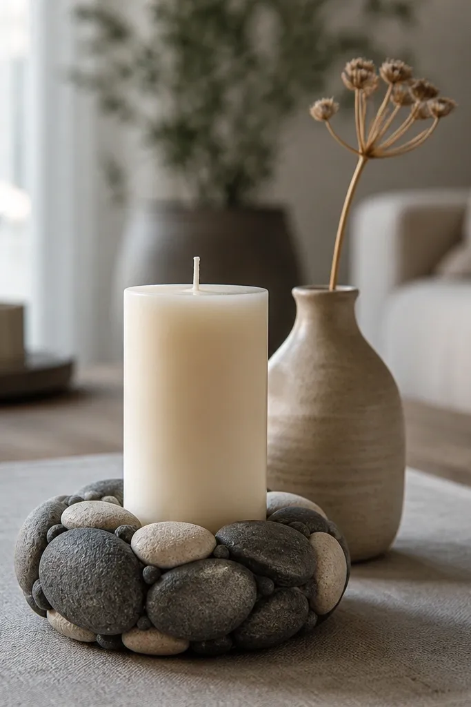 Tray with smooth stones, a candle, and a small mini vase