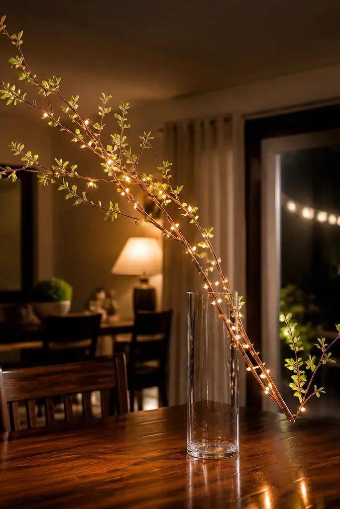 Tall vase with a long branch and a few warm lights wrapped around it