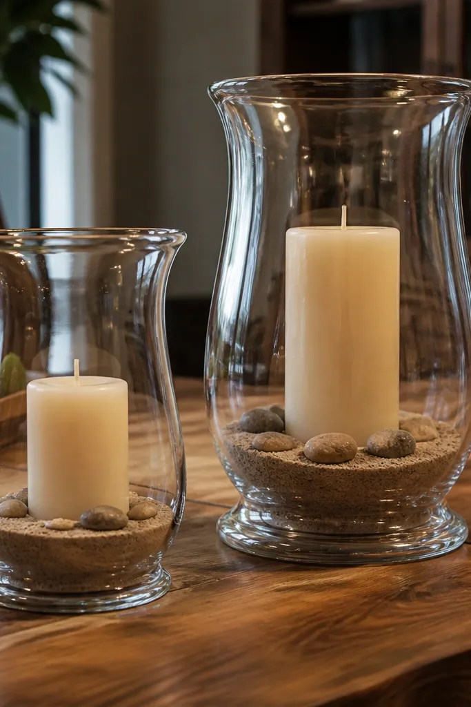 Hurricane candle jars with neutral filler like beige sand and a single stem