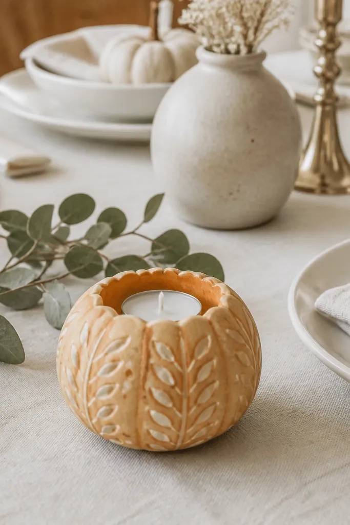 Small pumpkin-shaped tealight holders on a tray with neutral accents