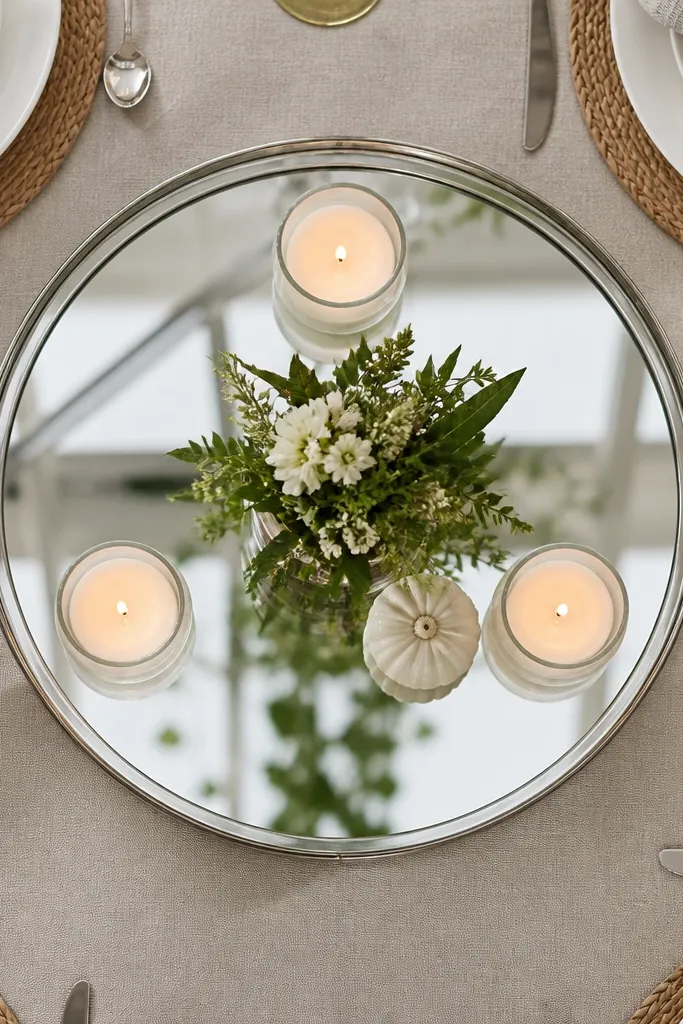Mirrored tray on a round table with three votive candles