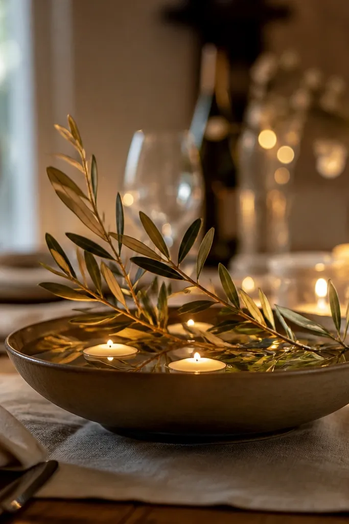 Small bowl with water, olive branch, and floating tea lights